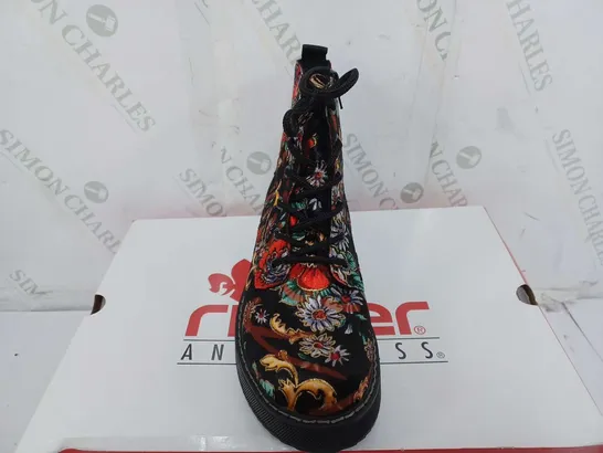 BOXED PAIR OF RIEKER LACE UP BOOTS MULTI/FLORAL PATTERN - SIZE 38