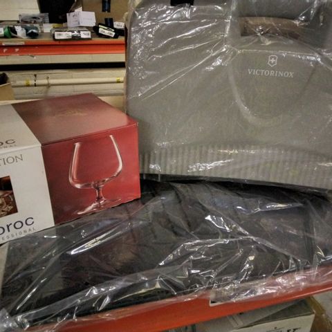 4 BOXES OF APPROXIMATELY 8 ASSORTED ITEMS INCLUDING ARCOROC DEGUSTATION 41 CL GLASSES, SLATE BLACK BOARD, VICTORINOX GREY PLASTIC STORAGE 