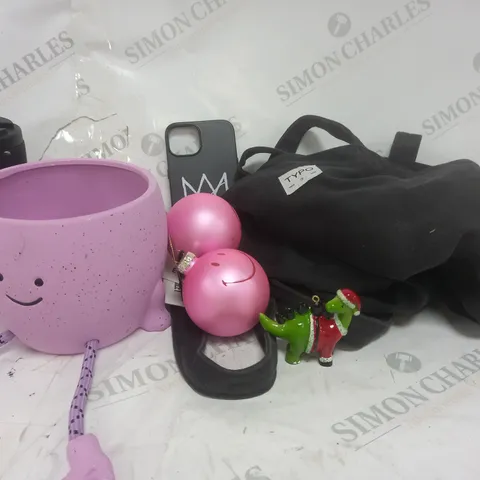 BOX OF APPROXIMATELY 5 ASSORTED HOUSEHOLD ITEMS TO INCLUDE SMILEY FACE PURPLE PLANTER, PHONE CASE, BAUBLES, ETC