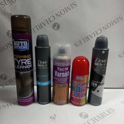 BOX OF APPROX 15 ASSORTED AEROSOLS TO INCLUDE DOVE MEN CARE, HAIR SPRAY, FOAMING TYRE CLEANER - COLLECTION ONLY