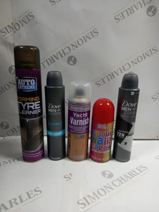 BOX OF APPROX 15 ASSORTED AEROSOLS TO INCLUDE DOVE MEN CARE, HAIR SPRAY, FOAMING TYRE CLEANER - COLLECTION ONLY