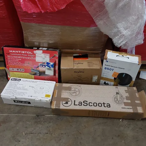 PALLET OF ASSORTED ITEMS INCLUDING: LAMINATE FLOOR CUTTER, SCOOTER, ROBOT VACUUM CLEANER, IN WALL/CEILING SPEAKERS, CEILING FAN ECT