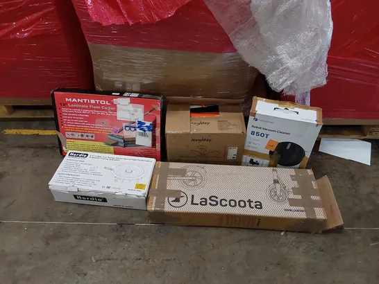 PALLET OF ASSORTED ITEMS INCLUDING: LAMINATE FLOOR CUTTER, SCOOTER, ROBOT VACUUM CLEANER, IN WALL/CEILING SPEAKERS, CEILING FAN ECT