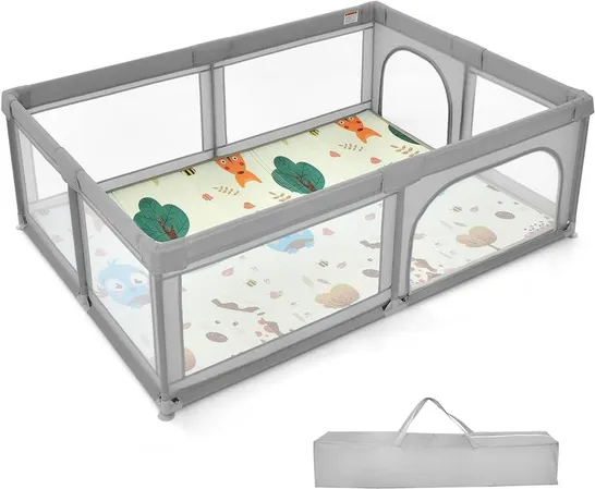 BOXED BABY PLAYPEN WITH 50 PIECE OCEAN BALLS AND NON-SLIP SUCTION CUPS - LIGHT GREY