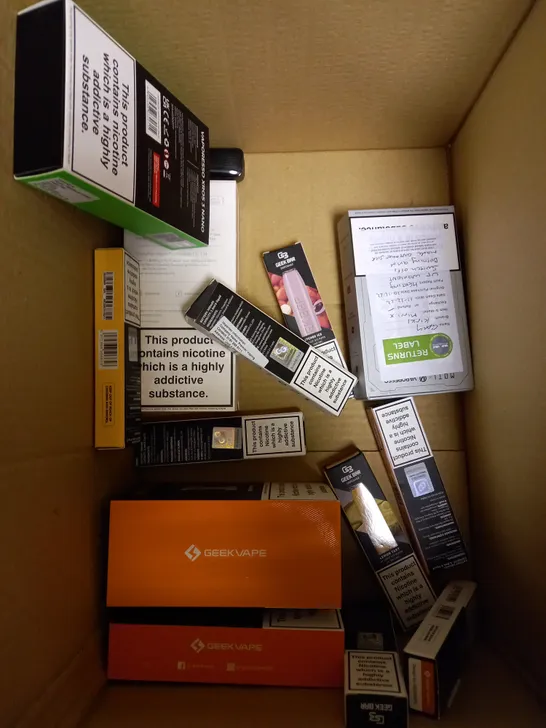 BOX OF APPROXIMATELY 20 ASSORTED VAPING KITS & DISPOSABLE VAPES IN VARIOUS FLAVOURS & BRANDS TO INCLUDE GEEK VAPE, VOO-POO, ASPIRE ETC 