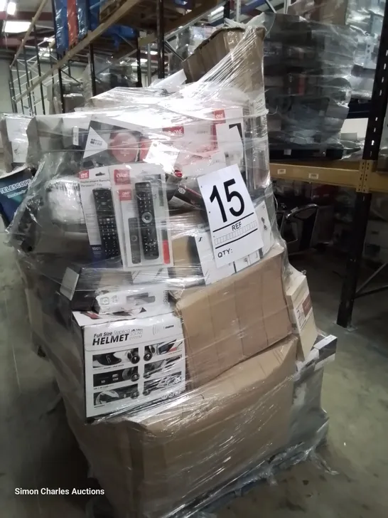 PALLET OF ASSORTED BOXED DOMESTIC ELECTRICAL ITEMS, INCLUDING, TV REMOTES, GAMING CRASH HELMET, TELESCOPE, PERSONAL CASSETTE PLAYER & RECORDERS, PRESSURE EASHER, PRINTERS.