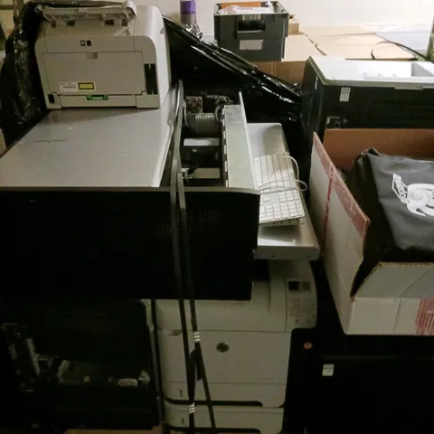 PALLET OF ASSORTED PRINTERS AND COMPUTER ACCESSORIES TO INCLUDE BROTHER FAX, HP LASERJET 600, APPLE MAC MOUSE, ETC - COLLECTION ONLY