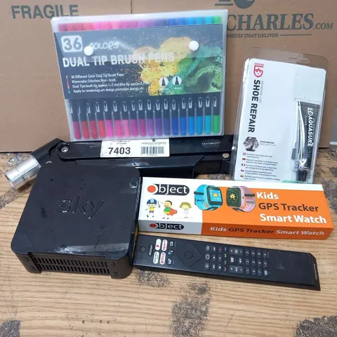 APPROXIMATELY SIX ASSORTED PRODUCTS TO INCLUDE; PHILLIPS REMOTE, OBJECT KIDS GPS TRACKER, GEAR AID SHOE REPAIR, SKY SR102 BOX, 36 COLOURS DUAL TIP BRUSH PENS 
