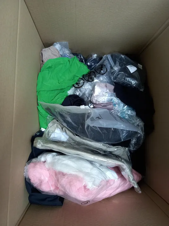 BOX OF APPROX 20 ASSORTED CLOTHING ITEMS TO INCLUDE WIND BREAKER, TROUSERS, CARDIGAN, ETC. 