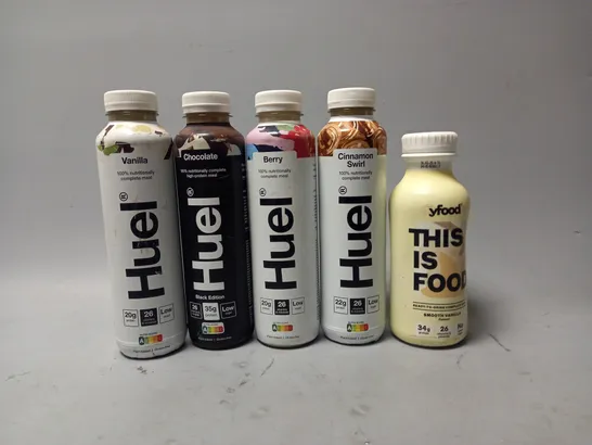 TOTE OF APPROX 10 ASSORTED FOOD ITEMS TO INCLUDE - HUEL VANILLA , YFOOD SMOOTH VANILLA , HUEL BERY ETC