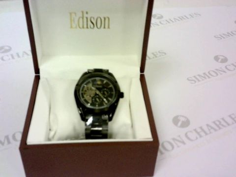 MEN’S EDISON AUTOMATIC MOONPHASE WATCH WITH STAINLESS STEEL BLACK STRAP, AND BLACK DIAL. RRP £600