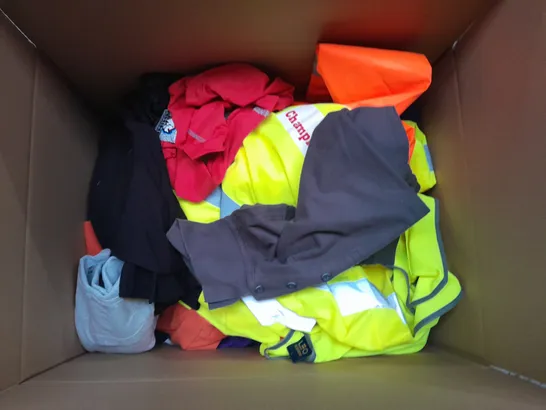 LARGE BOX OF ASSORTED SPORTS CLOTHING ITEMS IN VARIOUS SIZES, COLOURS AND STYLES