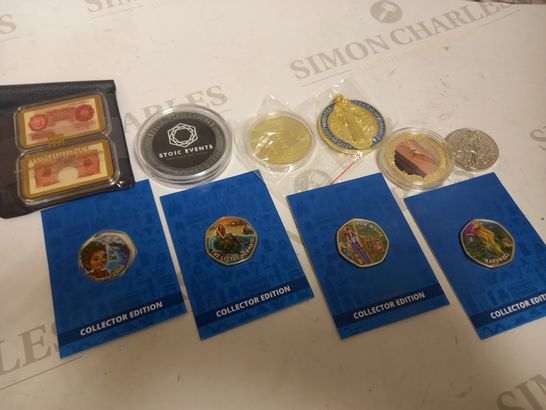 LOT OF 10 ASSORTED COLLECTIBLE COINS & TOKENS, TO INCLUDE BITCOIN TOKEN, 10 SHILLING INGOTS, FAIRYTALE COINS, ETC
