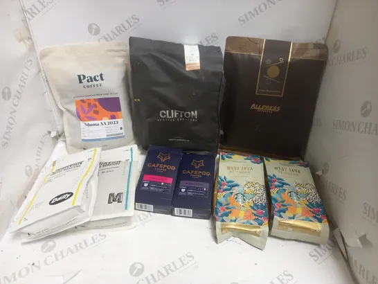 APPROXIMATELY 9 ASSORTED COFFEE PRODUCTS TO INCLUDE CLIFTON, ALLPRESS ESPRESSO, PACT COFFEE ETC 