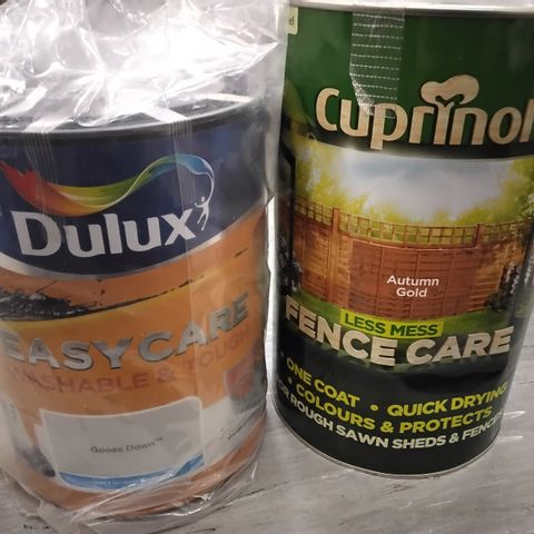 TOTE OF ASSORTED ITEMS INCLUDING DULUX EASYCARE GOOSE DOWN MATT PAINT FOR WALLS & CEILINGS, CUPRINOL AUTUMN GOLD FENCE CARE