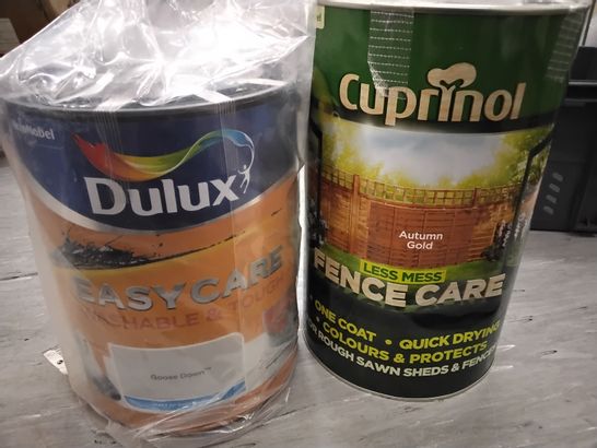 TOTE OF ASSORTED ITEMS INCLUDING DULUX EASYCARE GOOSE DOWN MATT PAINT FOR WALLS & CEILINGS, CUPRINOL AUTUMN GOLD FENCE CARE