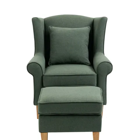 BRAND NEW BOXED ALISON AT HOME MOTCOMB WINGBACK ARMCHAIR WITH STOOL & SCATTER CUSHION - GREEN (1 BOX)