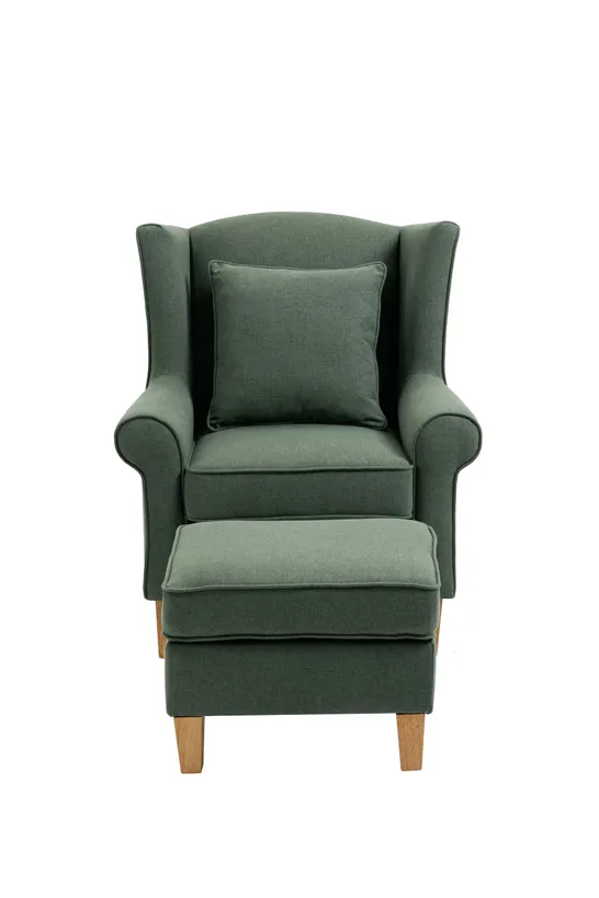 BRAND NEW BOXED ALISON AT HOME MOTCOMB WINGBACK ARMCHAIR WITH STOOL & SCATTER CUSHION - GREEN (1 BOX)