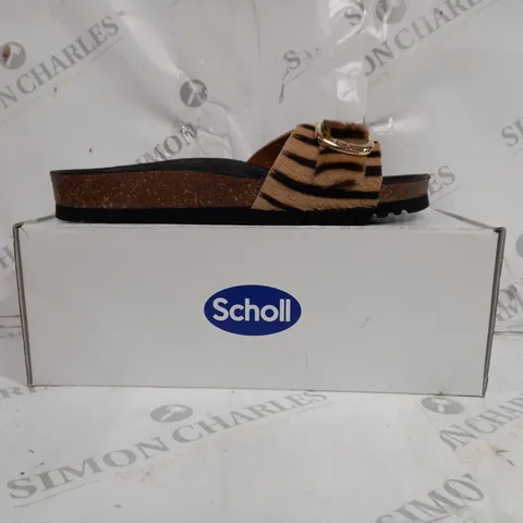 BOXED PAIR OF SCHOLL SANDAL LEATHER SOLE FURRY STRIPED STRAP IN BROWN SIZE 8