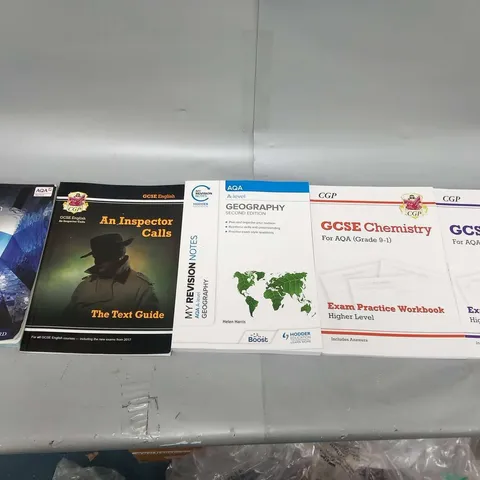 FIVE ASSORTED EDUCATIONAL BOOKS TO INCLUDE; AQA GCSE PHYSICS THIRD EDITION, GCSE ENGLISH AN INSPECTOR CALLS THE TEXT GUIDE, AQA A-LEVEL GEOGRAPHY SECOND EDITION, CGP GCSE CHEMISTRY EXAM PRACTICE WORKB