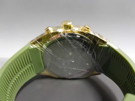 MENS LOUIS LACOMBE CHRONGRAPH WATCH – 3 SUB DIALS – GOLD COLOUR CASE – GREEN RUBBER STRAP