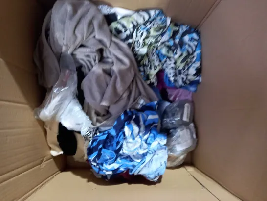 BOX OF ASSORTED CLOTHING TO INCLUDE - SLIPPERS - JUMPERS - TROUSERS 