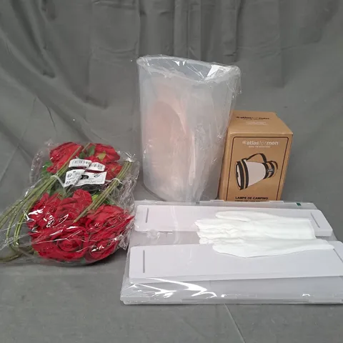 LARGE BOX OF ASSORTED HOUSEHOLD ITEMS TO INCLUDE ARTIFICIAL FLOWERS, FOOD STORAGE CONTAINERS AND UMBRELLAS