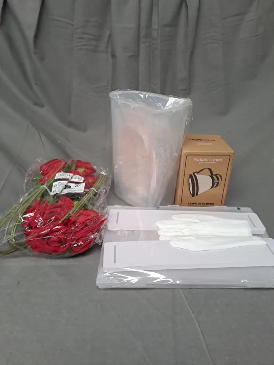 LARGE BOX OF ASSORTED HOUSEHOLD ITEMS TO INCLUDE ARTIFICIAL FLOWERS, FOOD STORAGE CONTAINERS AND UMBRELLAS