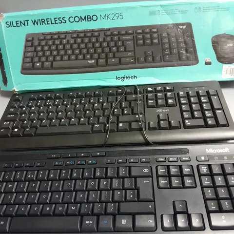 LOT OF 3 ASSORTED KEYBOARDS TO INCLUDE LOGITECH WIRELESS COMBO, TRUST AND MICROSOFT