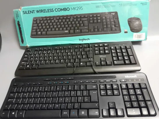 LOT OF 3 ASSORTED KEYBOARDS TO INCLUDE LOGITECH WIRELESS COMBO, TRUST AND MICROSOFT