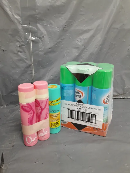 APPROXIMATELY 5 ASSORTED AEROSOLS TO INCLUDE BODY SPRAY , FOOT AND SHOE SPRAY , ETC 