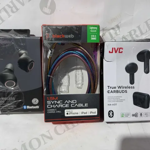 BOX OF APPROXIMATELY 15 ASSORTED ELECTRICAL ITEMS TO INCLUDE ASDA TECH WIRELESS EARBUDS, BLACKWEB SYNC AND CHARGE CABLE, JVC WIRELESS EARBUDS, ETC