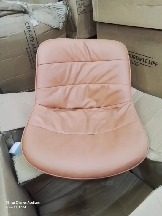 A BOXED PAIR OF DEEP SEAT ORANGE LEATHER LOOK UPHOLSTERED SIDE CHAIRS