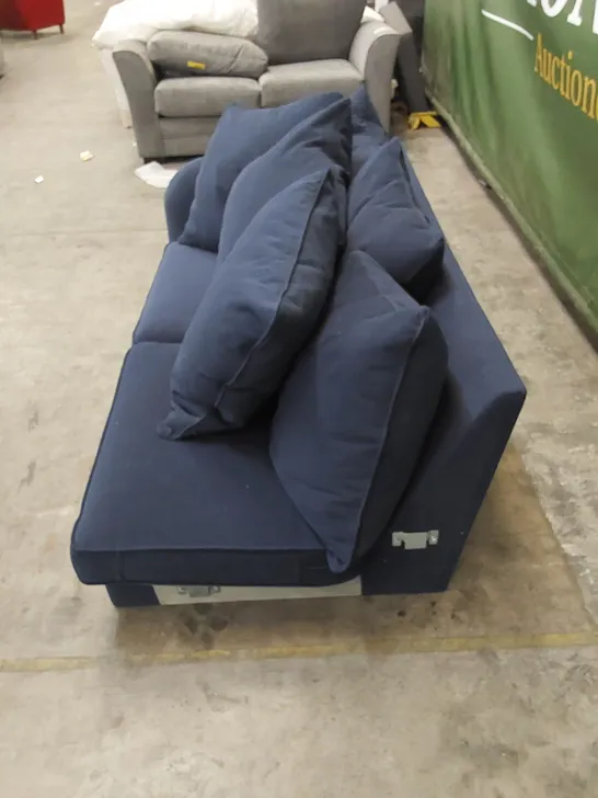 DESIGNER SOFA PIECE UPHOLSTERED IN NAVY FABRIC WITH CUSHIONS