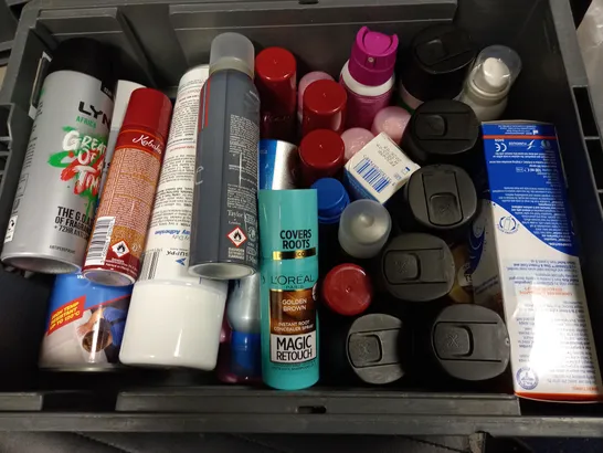 BOX OF APPROXIMATELY 30 ASSORTED AEROSOLS TO INCLUDE LYNX AFRICA, HEAVY DUTY SPRAT ADHESIVE, CHIQUE BODY SPRAY - COLLECTION ONLY