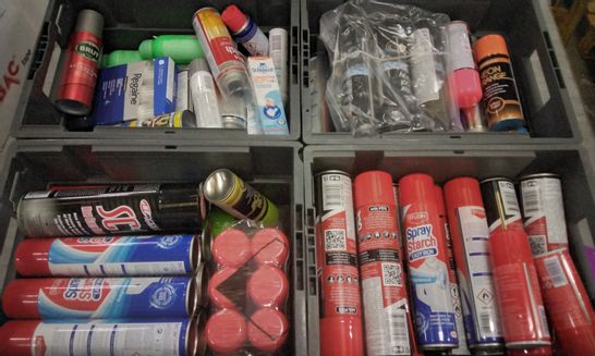 4 TOTES OF ASSORTED AEROSOL CANS INCLUDING SC1 HIGH GLOSS COATING DEEP HEAT PAIN RELIEF SPRAY, NEON ORANGE PAINT SPRAY, BRUT DEODORANT, GT85 LUBRICANT PENETRANT AND WATER DISPLACER