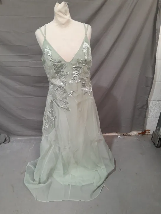 KAREN MILLEN SATIN APPLIQUE WOVEN MAXI EVENING DRESS SAGE SIZE 12