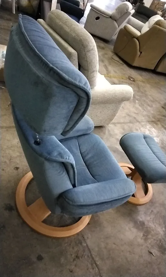 QUALITY BRITISH DESIGNED & MANUFACTURED G PLAN BERGEN CHAIR AND FOOTSTOOL MONTILLA AQUA FABRIC