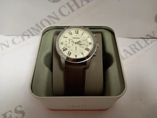 BOXED FOSSIL CHRONOGRAPH GRANT WATCH WITH BROWN LEATHER STRAP