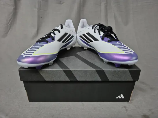 BOXED PAIR OF ADIDAS F50 LEAGUE FG/MG KID'S MESSI FOOTBALL BOOTS IN WHITE/PURPLE/BLACK UK SIZE 2