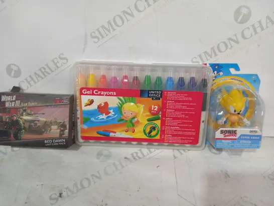 BOX OF APPROXIMATELY 20 ASSORTED TOYS AND GAMES TO INCLUDE SUPER SONIC THE HEDGEHOG FIGURE, GEL CRAYONS, WORLD WAR III TEAM YANKEE RED DAWN UNIT CARD PACK, ETC