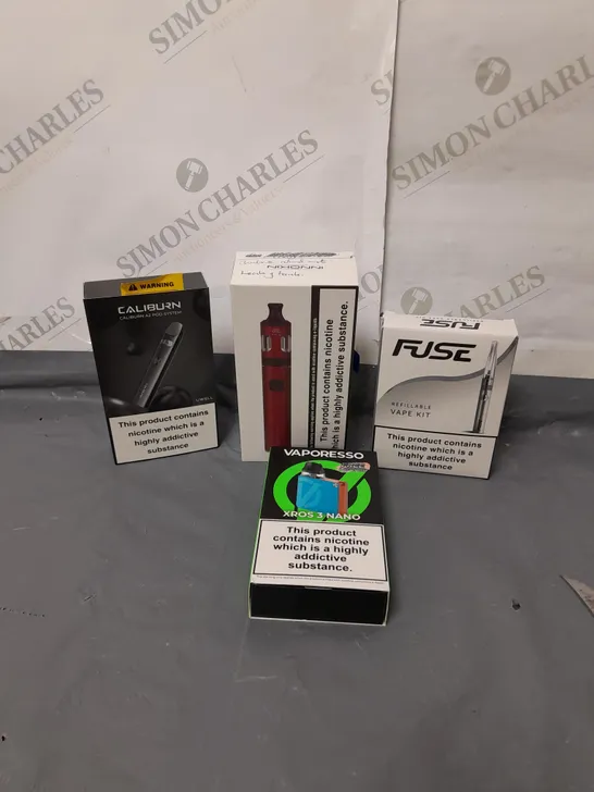 BOX OF APPROXIMATELY 15 ASSORTED E-CIGARATTES TO INCLUDE FUSE, CALIBURN, INNOKIN ETC