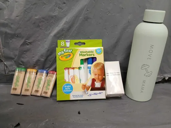 BOX OF APPROXIMATELY 15 ASSORTED ITEMS TO INCLUDE - WATER BOTTLE , CRAYOLA WASHABLE MARKERS , BAMBOO TOOTHPICKS ETC