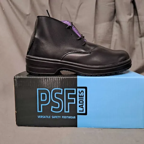 BOX OF APPROXIMATELY 8 BOXED PAIRS OF PSF LADIES SAFETY BOOTS IN BLACK SIZE 4