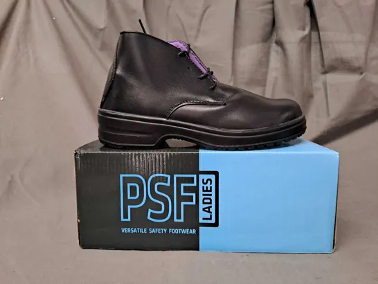 BOX OF APPROXIMATELY 8 BOXED PAIRS OF PSF LADIES SAFETY BOOTS IN BLACK SIZE 4