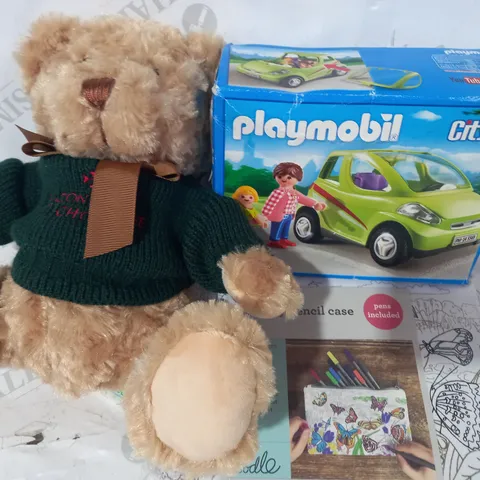 BOX OF APPROXIMATELY 10 ASSORTED TOYS AND GAMES TO INCLUDE KEEL TOYS TEDDY, PLAYMOBIL CITY LIFE 5569, EAT SLEEP DOODLE BUTTERFLY PENCIL CASE, ETC