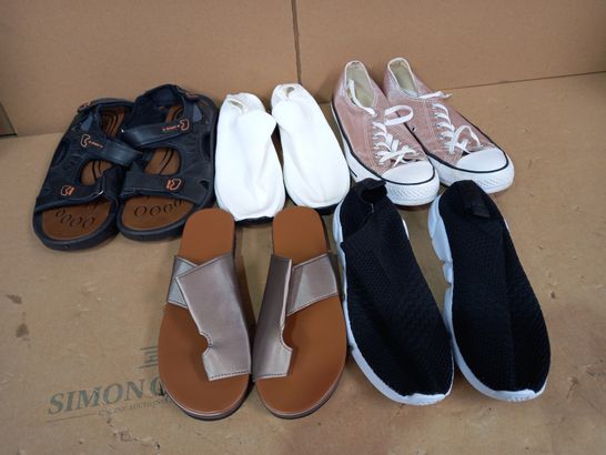 BOX OF APPROXIMATELY 5 ASSORTED PAIRS OF FOOTWEAR ITEMS TO INCLUDE BLACK SLIP ON SHOES EU SIZE 39, ROSE METALLIC EFFECT SHOES UK SIZE 8, BLCK FAUX LEATHER SANDALS EU SIZE 41