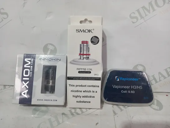 BOX OF APPROXIMATELY 30 ASSORTED VAPE ACCESSORIES IN VARIOUS STYLES TO INCLUDE VAPIONEER, SMOK, INNOKIN, ETC