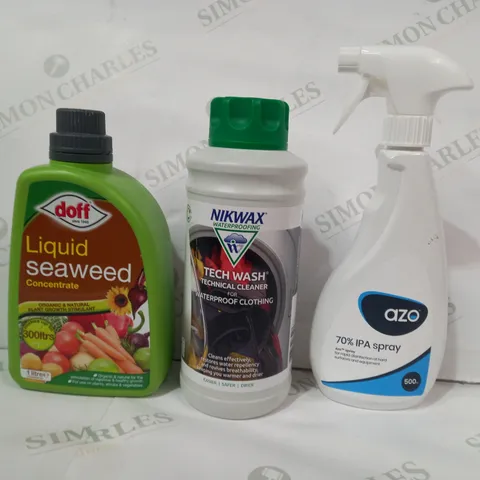 LOT OF APPROXIMATELY 10 ASSORTED HOUSEHOLD ITEMS TO INCLUDE AZO 70% IPA SPRAY, NIKWAX TECHWASH, DOFF LIQUID SEAWEED, ETC