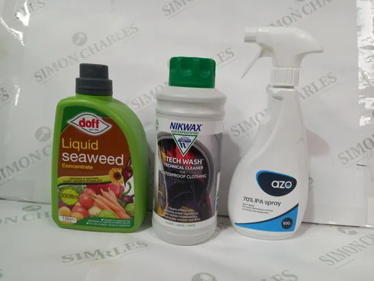 LOT OF APPROXIMATELY 10 ASSORTED HOUSEHOLD ITEMS TO INCLUDE AZO 70% IPA SPRAY, NIKWAX TECHWASH, DOFF LIQUID SEAWEED, ETC